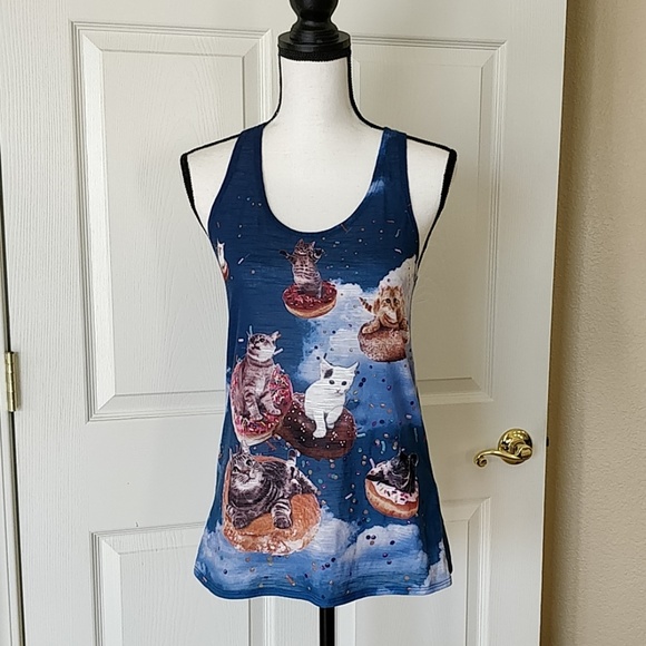 Bear Dance Tops - Bear Dance cat on donut racerback tank top sz S